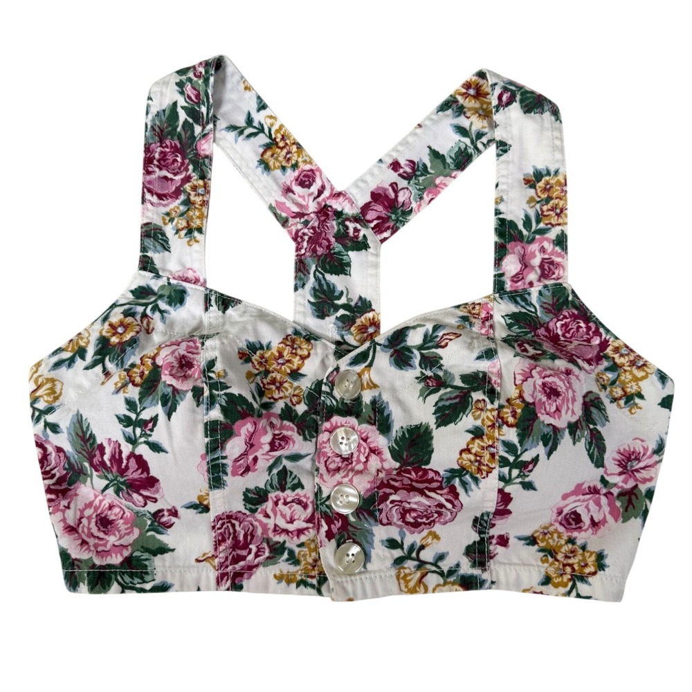 Vintage 90s Size 7/Sm Bongo Rose Floral Crop Top 100% Cotton Button Racerback